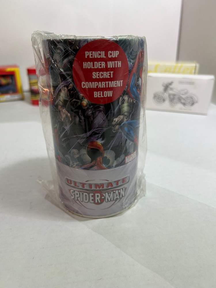 MARVEL 2001. ULTIMATE SPIDERMAN TIN PENCIL CUP WITH HIDDEN COMPARTMENT