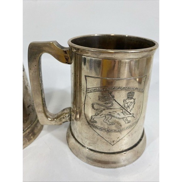 Vtg English Silver Plated Heraldic Lion Crest Tankard Beer Mug Steins Set of 2