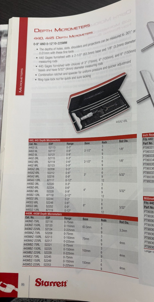 STARRETT 445AZ-3RL MICROMETER DEPTH GAGE 0-3"