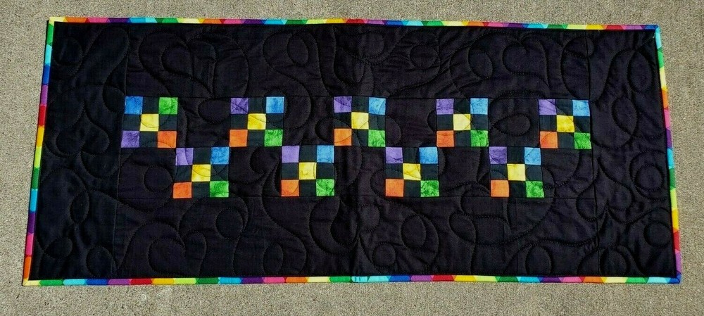 New~Rainbow & Black 9-Patch Table-Runner Quilt 14" x 34" Colorful Fun Bright