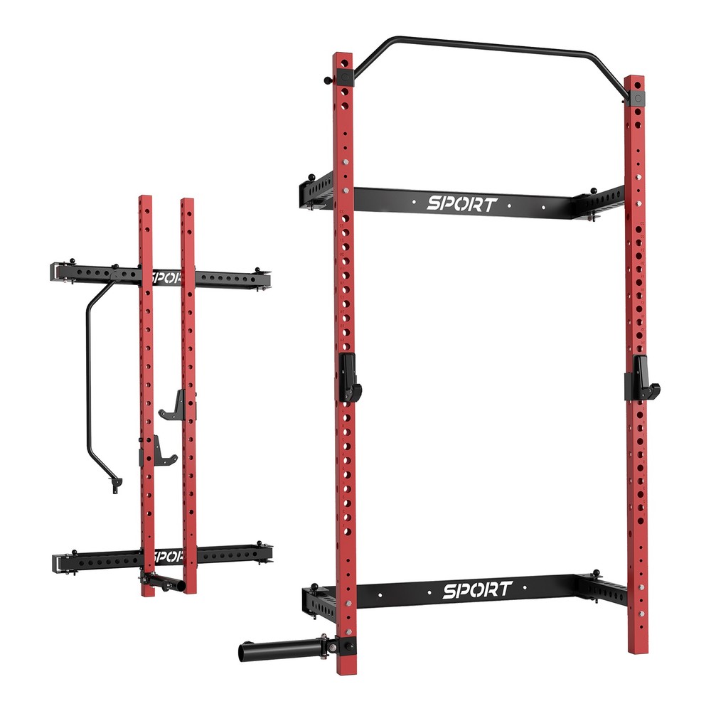 Foldable Squat Rack 1000 LBS Space-Saving with Pull Up Bar & J Hook & Landmine
