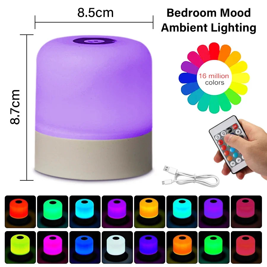 16 Color LED Table Lamp - Touch & Remote Control Dimmable Rechargeable Bedside N