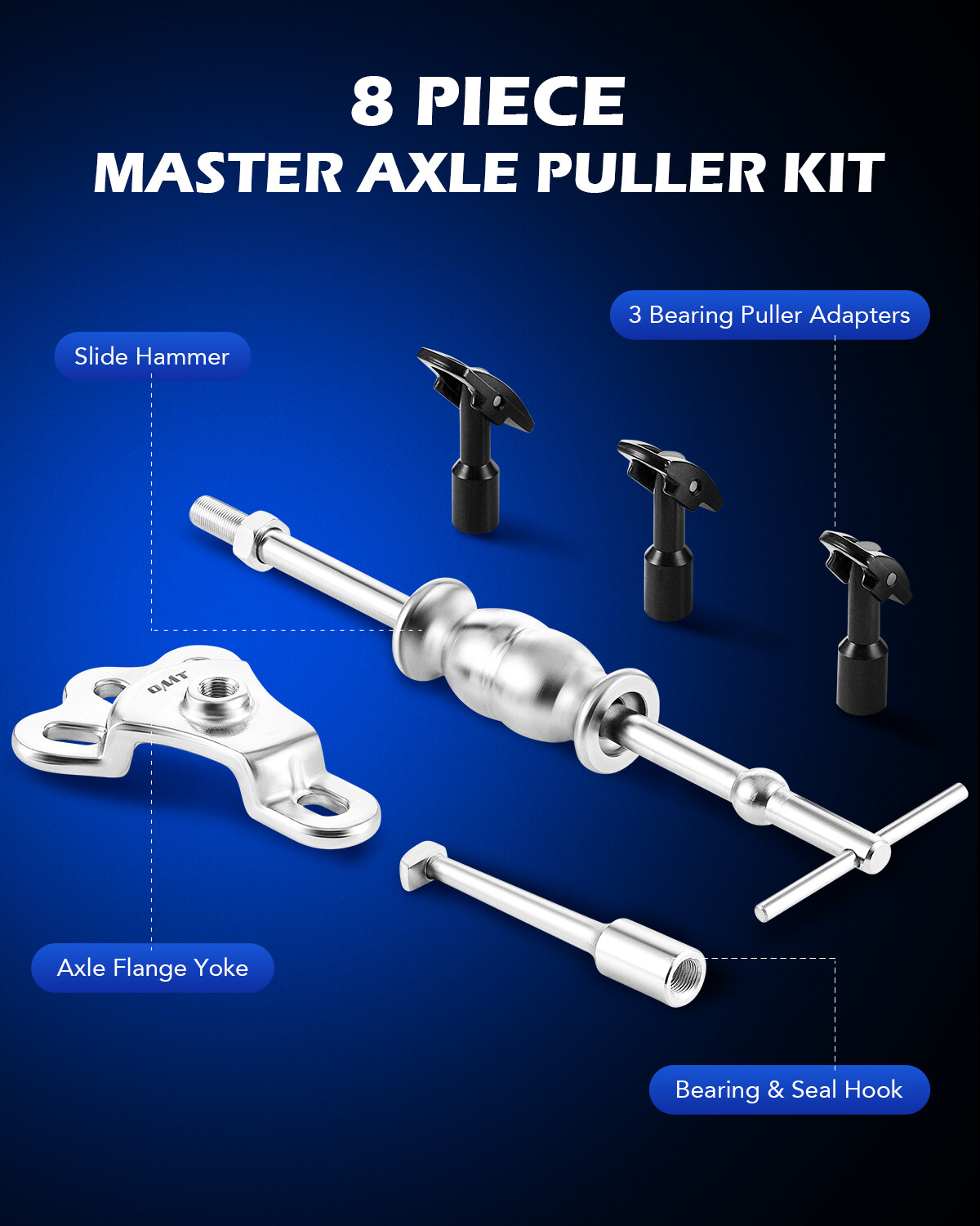 OMT 8pc Rear Axle Bearing Seal Removal Tool Kit Slide Hammer Set with Adapters