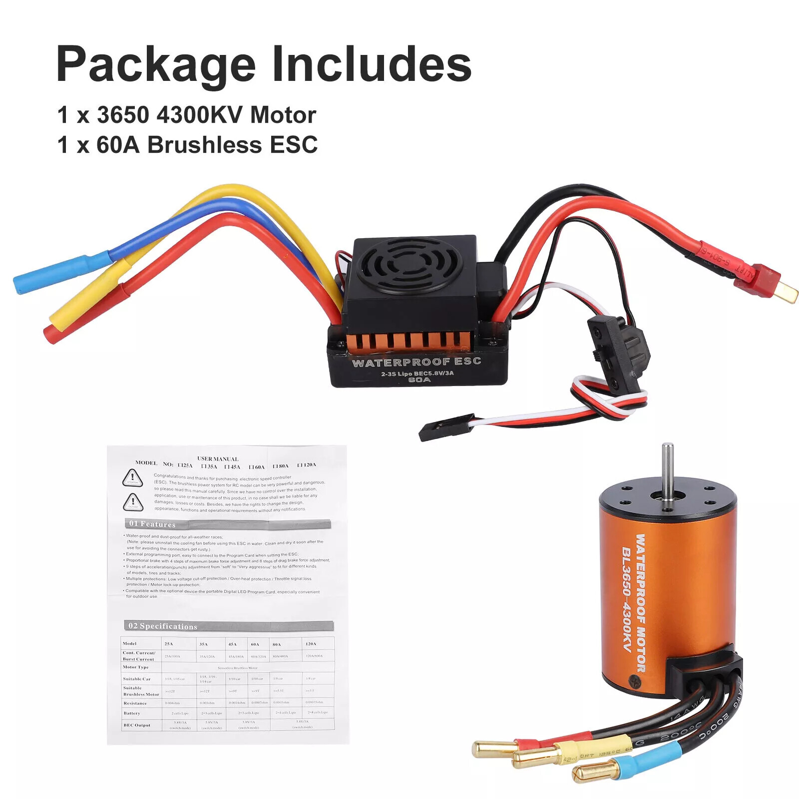 Brushless Motor Waterproof 3650 4300KV Upgrade w/ 60A ESC Combo for 1:10 RC Car