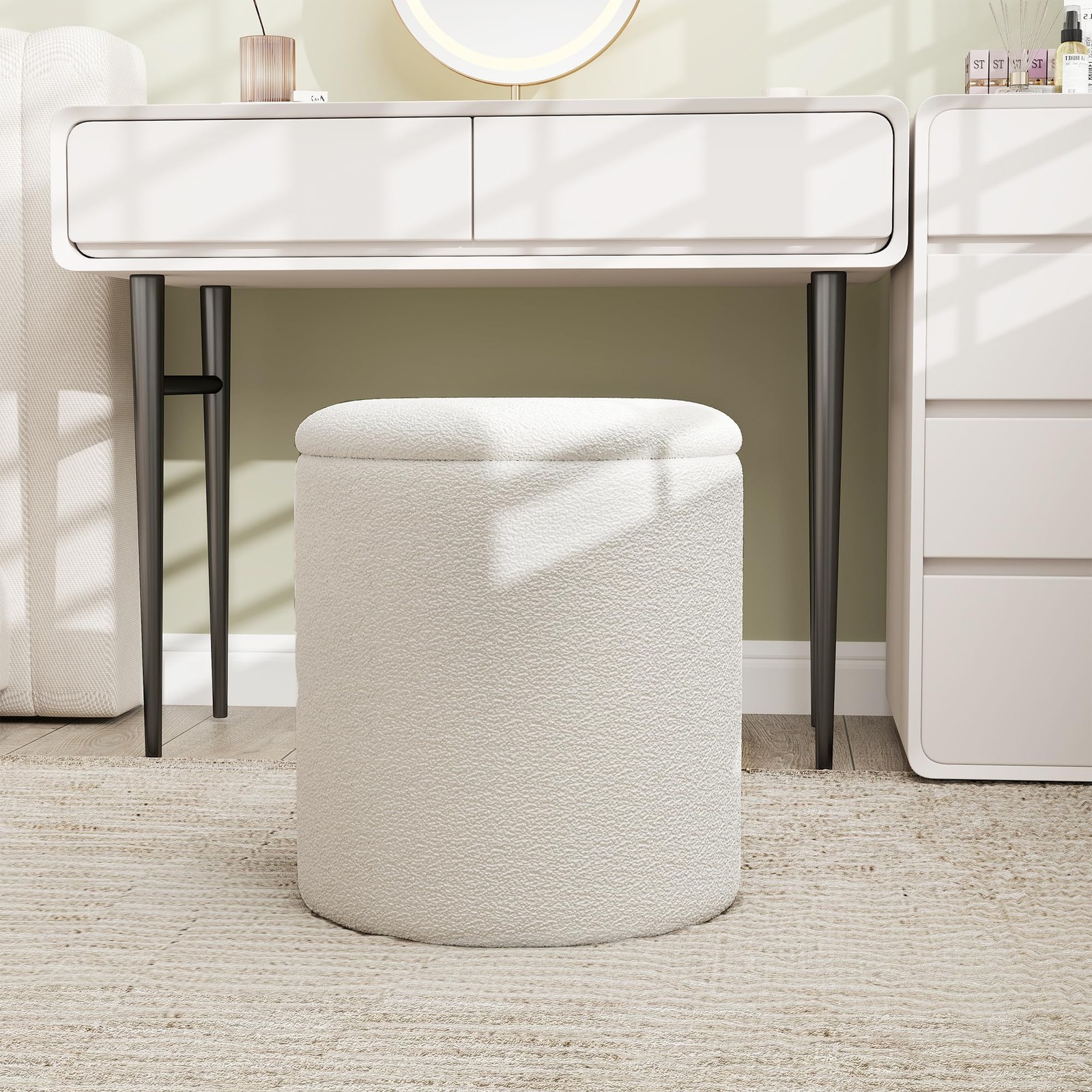 Ottoman Poufs with Storage,Soft Upholstered Vanity Stool,Multifunctional Otto...