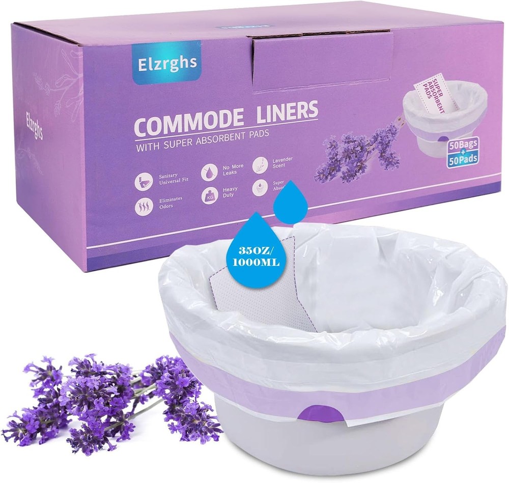 Commode Liners with Absorbent Pads for Bedside Commode, 50Bags+50Pads