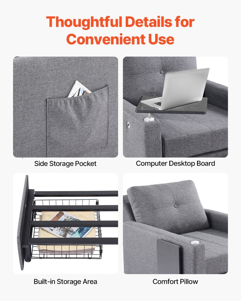 HOT/ Sleeper Sofa Bed,Convertible Sleeper Bed with Side Pocket,Pillow,Armrest a