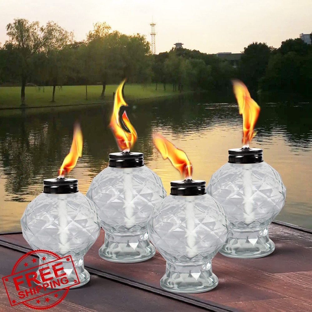 DIKAIDA 4 Pack Glass Table Torches Citronella Wick Cap Refillable