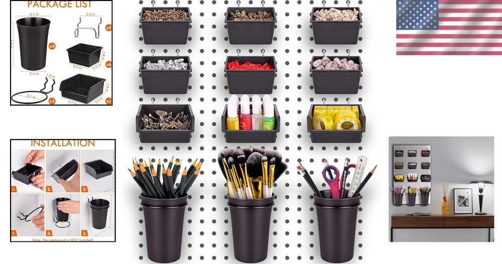 Space Saving Pegboard Organizer Set - 12 Bins & Cups for Garage and Workshop
