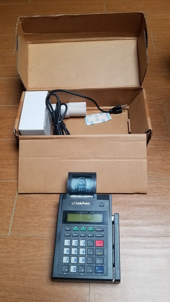 LinkPoint A10 Credit Card reader with power supply, extra papers.