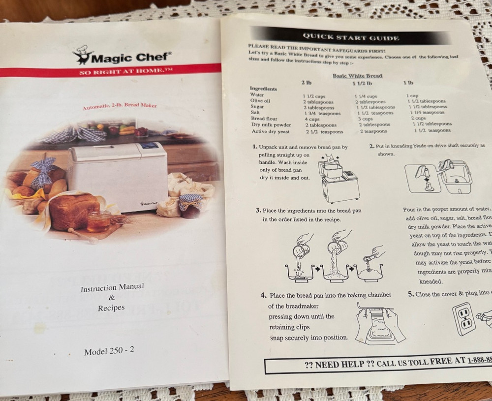Magic Chef Bread Maker Model 250-2 Instruction Manual & Recipes & Quick Guide