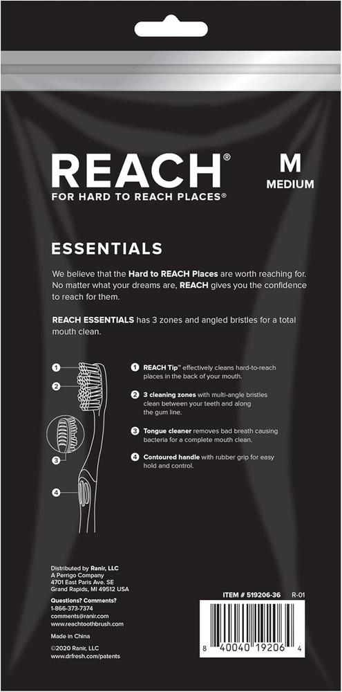 Reach Essentials Medium Toothbrush with Covers & Tongue Scraper 6 Pack