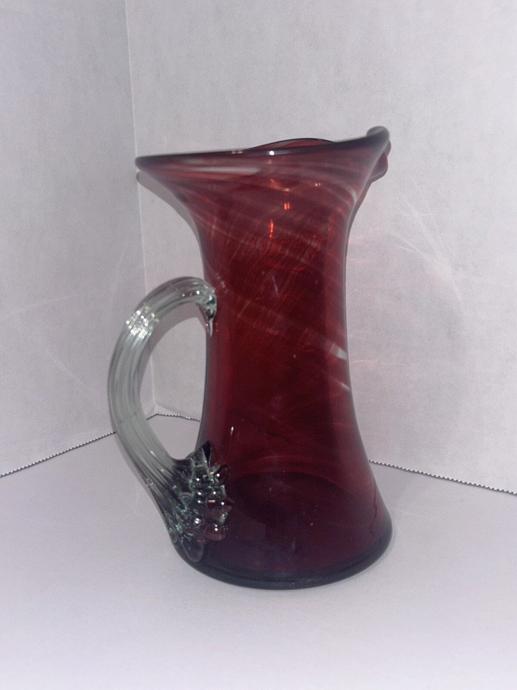 Hand blown Glass Ruby Red Pitcher Applied Ribbed Clear Glass Handle