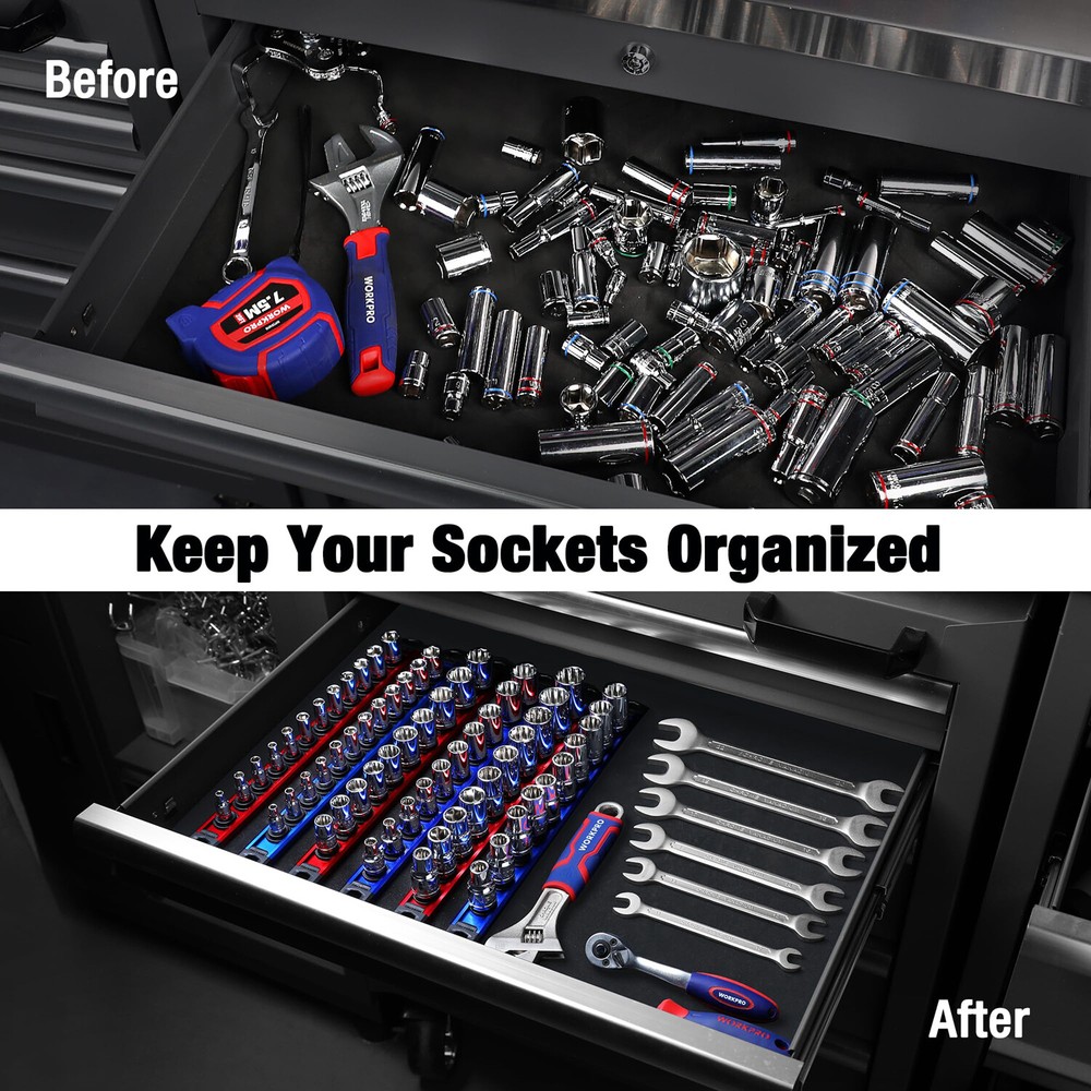 WORKPRO Magnetic Socket Organizer Set 3-PACKS 1/4" 3/8" 1/2" Drive Socket Holder