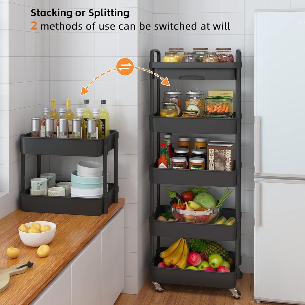 5-Tier Black Rolling Utility Cart with Drawer – Multifunctional Storage Solution