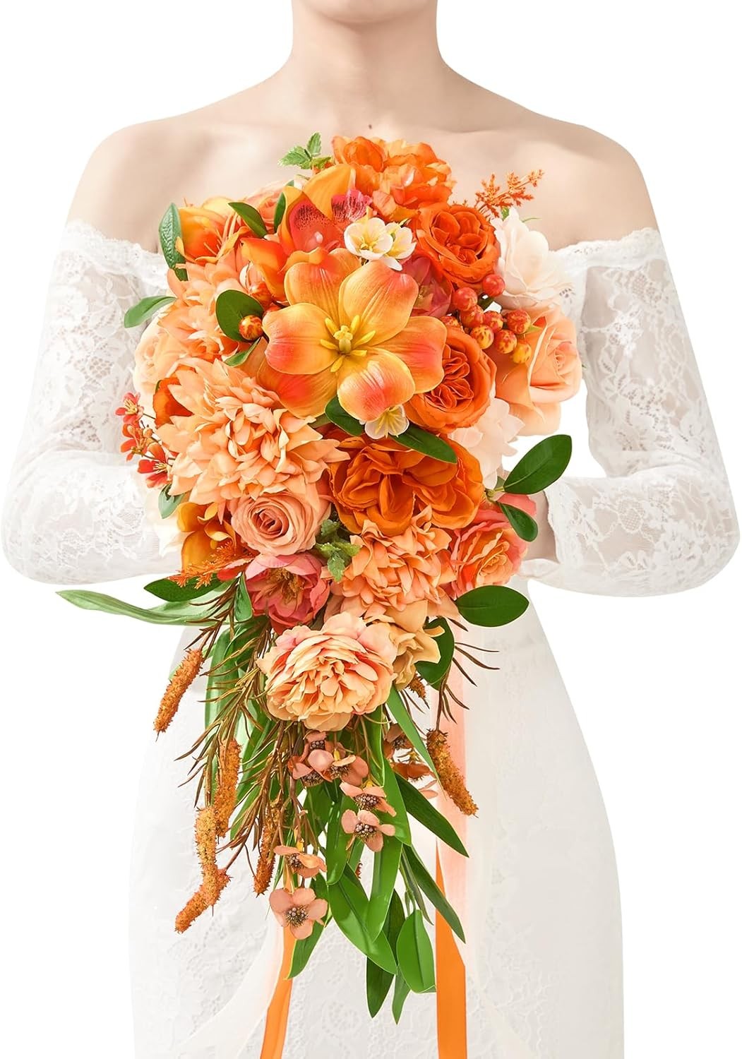 11 Inch Wedding Bouquets Bride Bridesmaid,Fall Cascading Orange Bridal Bouquets