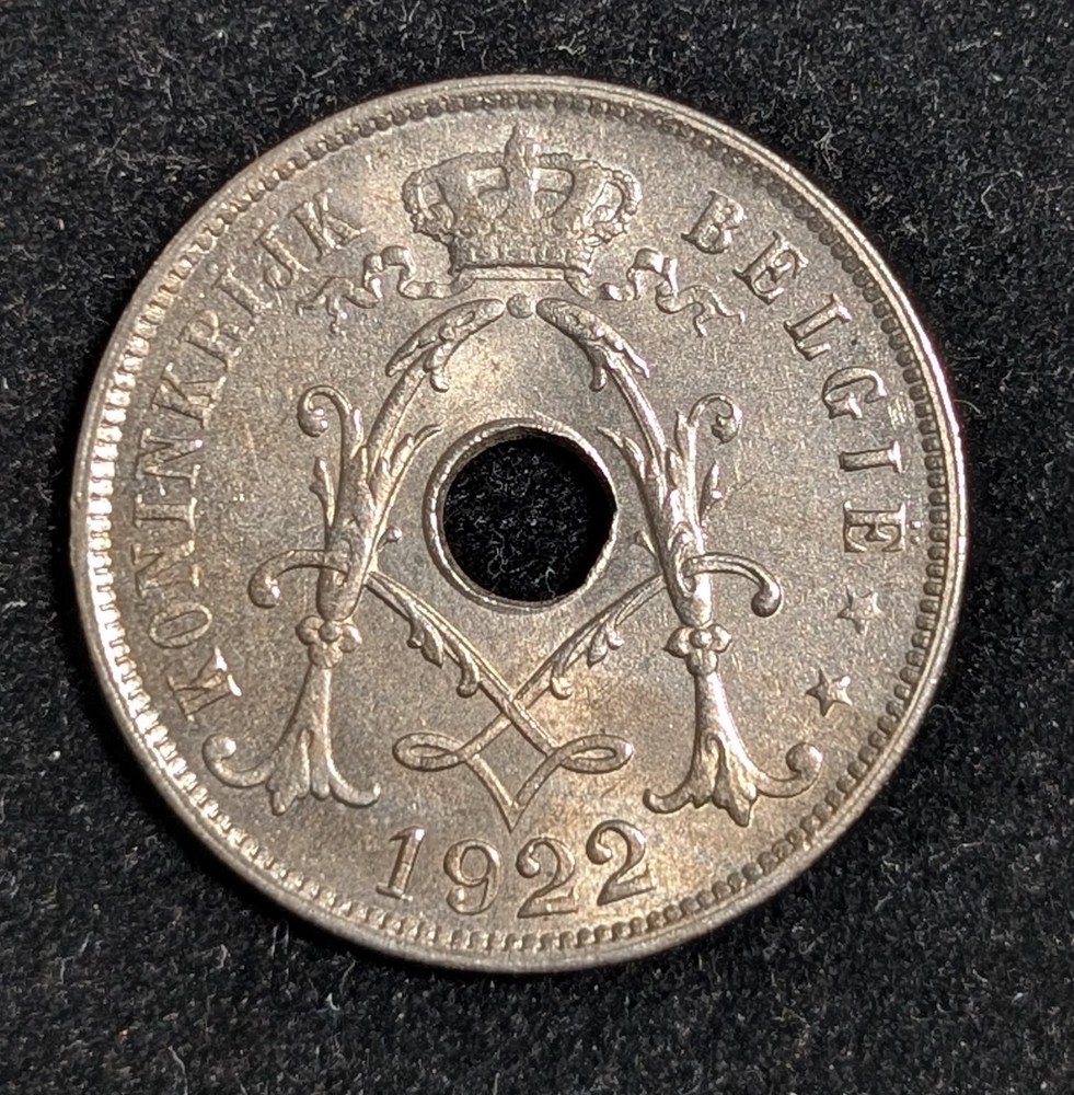 1922 Belgium 25 Centimes Almost Uncirculated AU KM# 68.1
