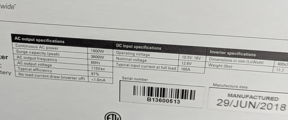 12-110-1800EM Eaton NEW True Sine Power Inverter 1800 Watt W/ Surge Protection
