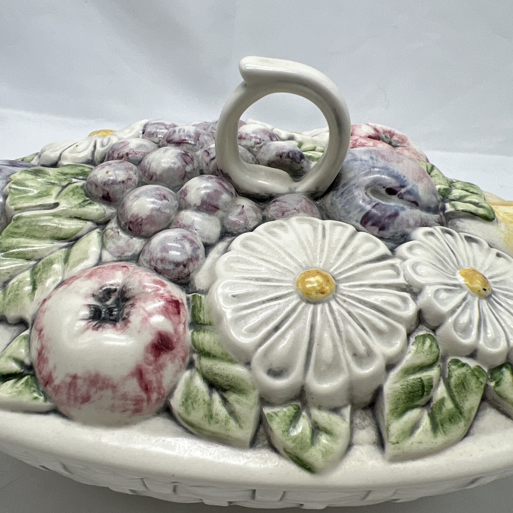 Candy Dish Ceramic Lidded Dish Hand Painted & Signed Weaved Bottom VTG Fruit