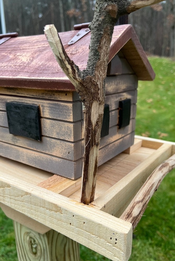 Rustic Log Cabin Bird Feeder W/ Branch Perch, Handmade