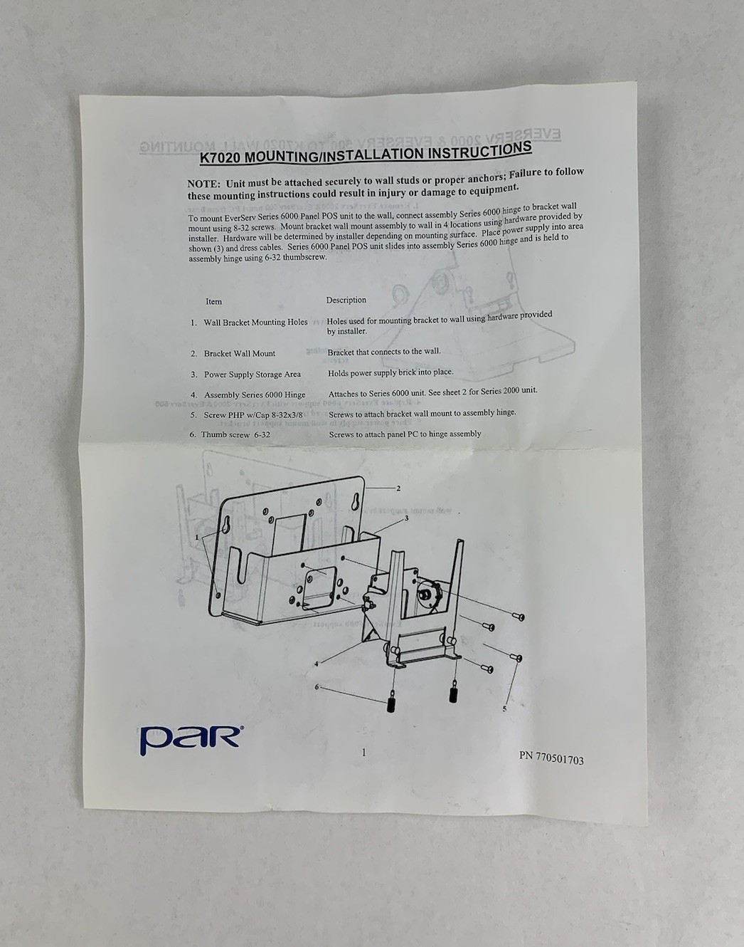 PAR EverServ 500/2000 Terminal K7020 Mounting Bracket