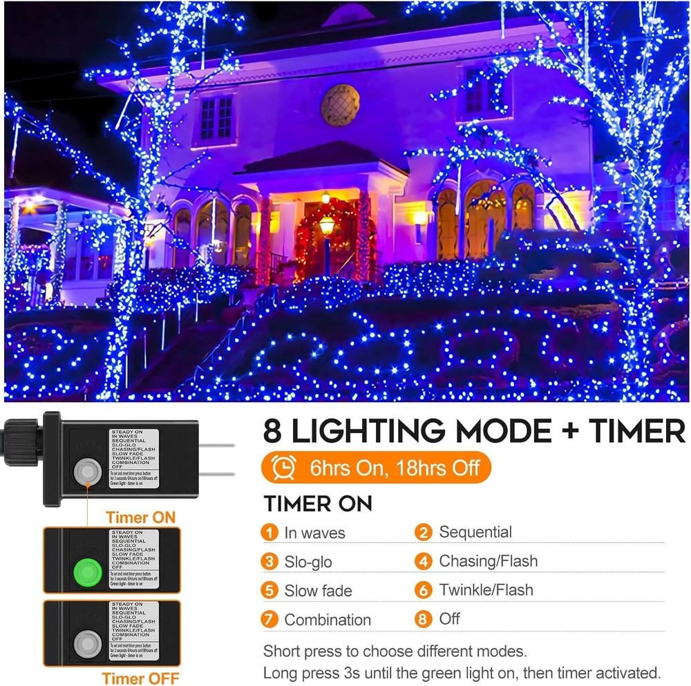 33FT Blue Christmas String Lights 100 LED Plug In w/ 8 Modes & Timer Indoor