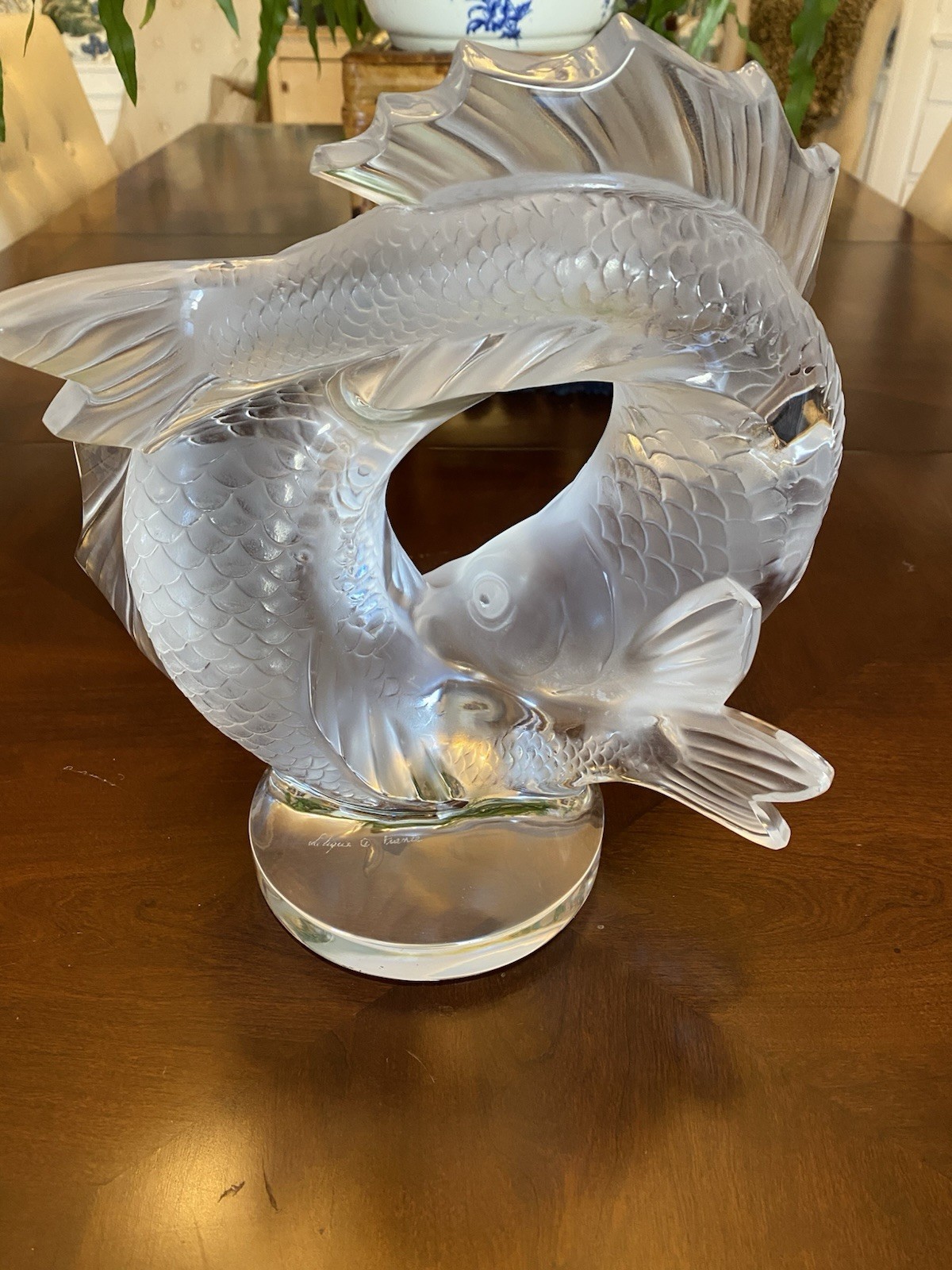 Lalique Crystal Large 11” Double Fish Deux Poisson Sculpture signed excellent