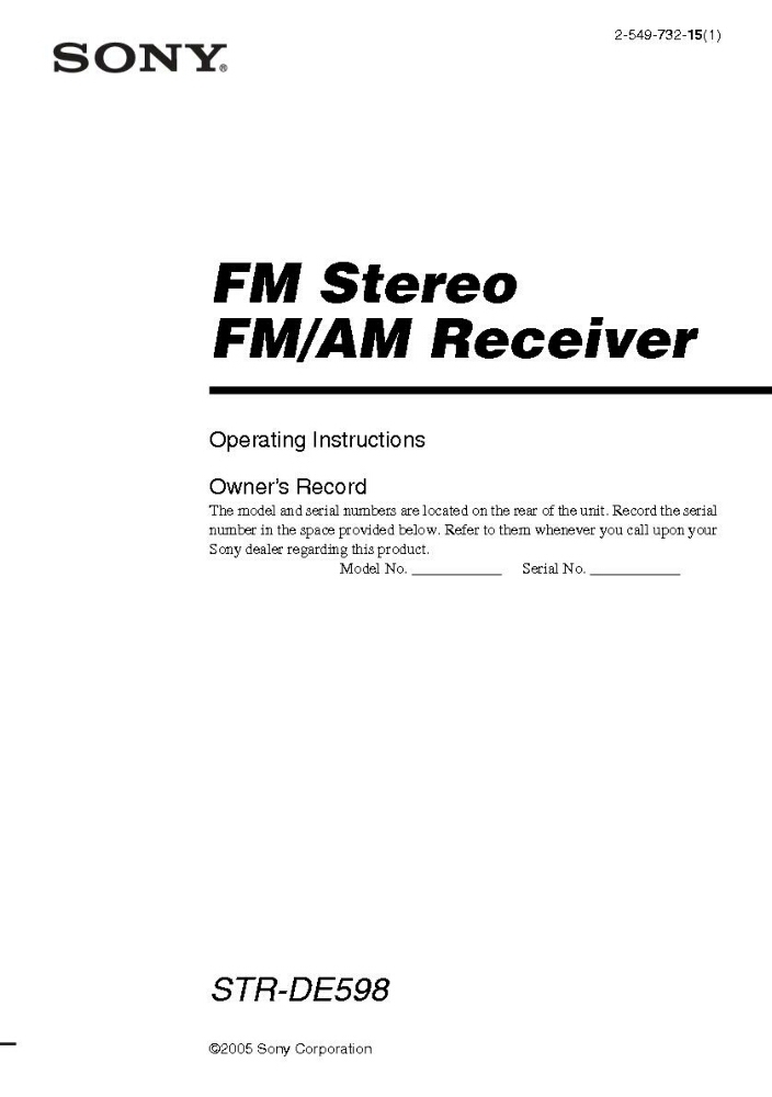 Sony STR-DE598 AV Receiver Owners Manual