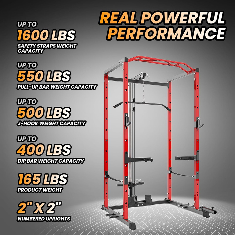 Power Cage, Multi-Function Squat Rack with LAT Pulldown, 1600 LBS Weight Capacit