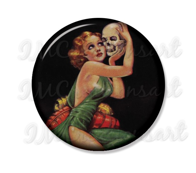 Vintage Halloween Gothic Woman and Skull - Hand pressed Magnet Pin 2.25"