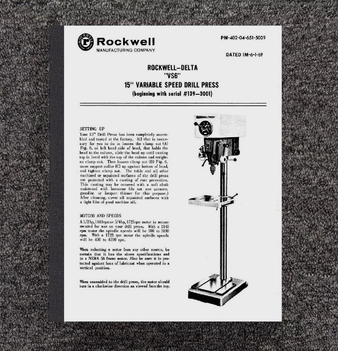VS6 Variable Speed DP Manual Fits Delta 15" Rockwell-Delta start Ser 139-3001