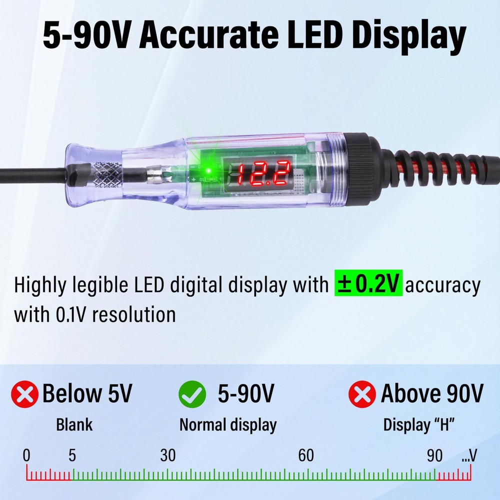 Test Light Automotive, 5-90V DC with Voltmeter, red and black