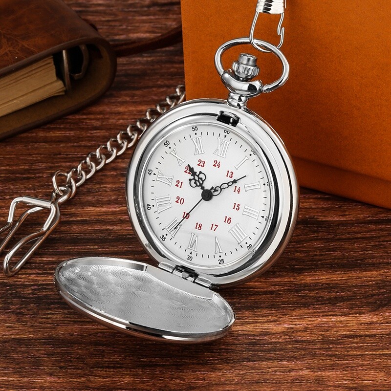 Silver Smooth Quartz Pocket Watch Roman Numerals Dial Fob Chain for Men Women