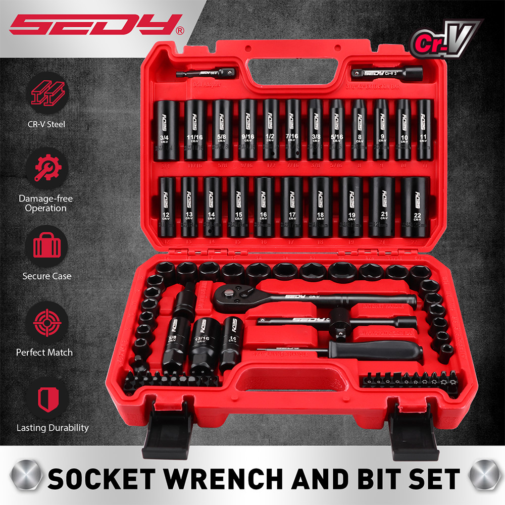 96PC 3/8" Drive Impact Socket Wrench and Bit Set Standard & Deep SAE & Metric