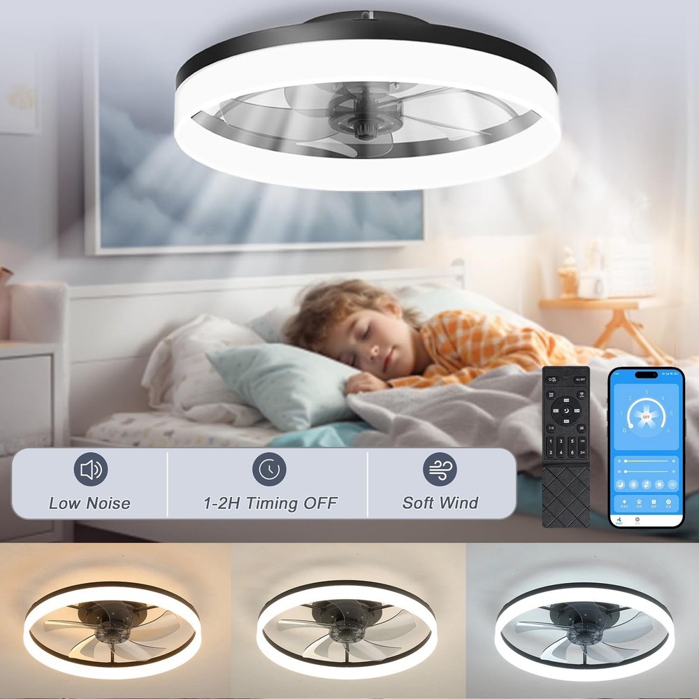 20" Modern Fan Lights Flush Mount LED Ceiling Light kit With APP Remote Control