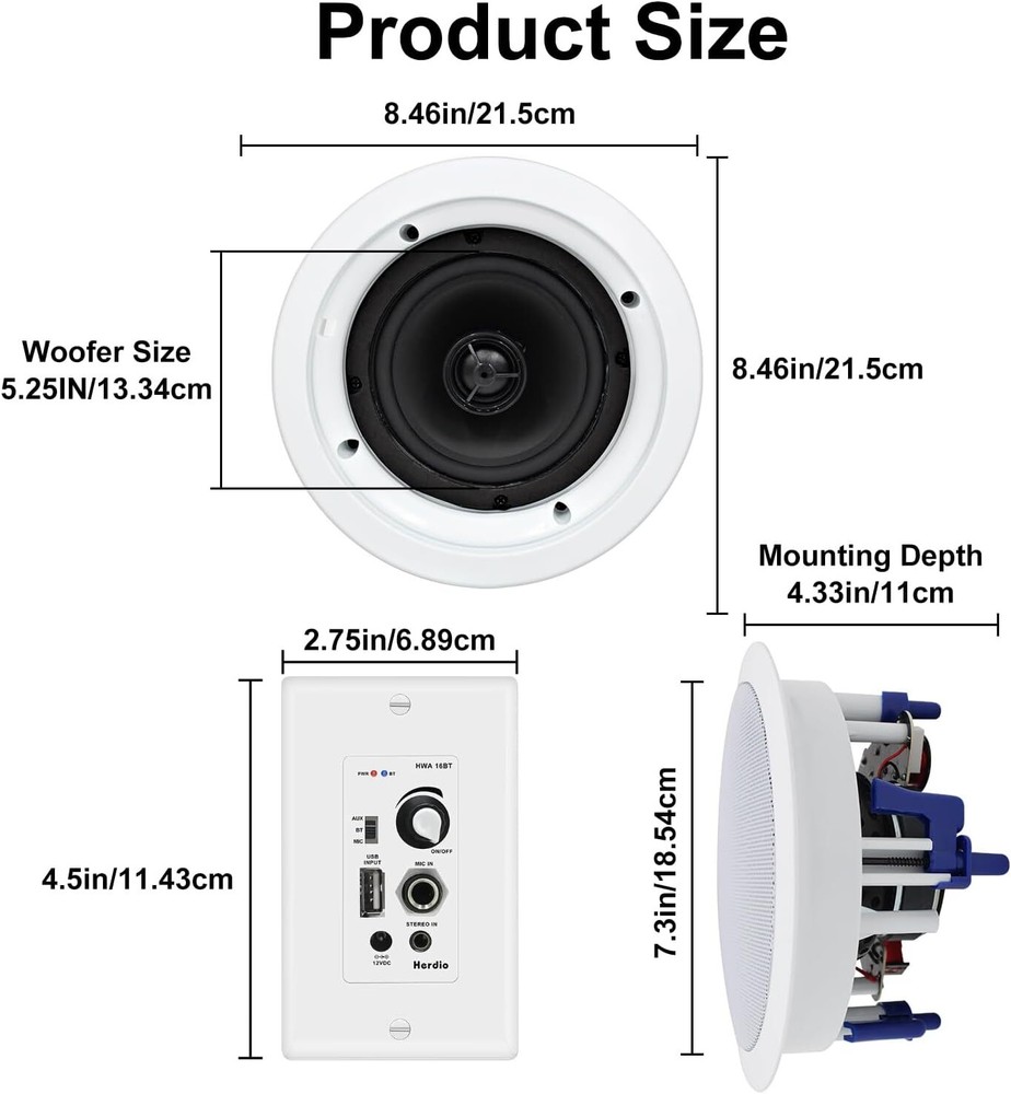 Herdio 5.25" 2 Way Indoor Bluetooth Ceiling Speakers+In Wall Bluetooth Amplifier
