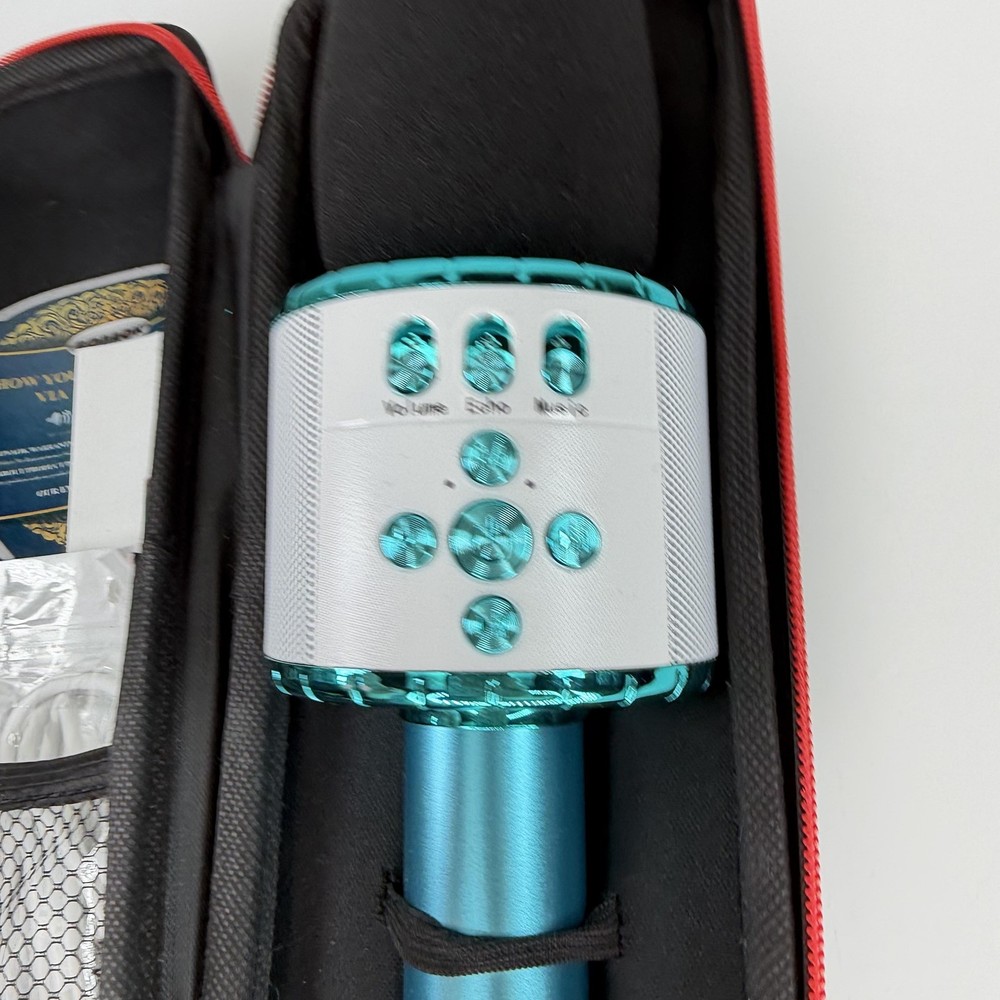 BONAOK Wireless Bluetooth Karaoke Microphone Speaker Blue Case Cord Cables Set