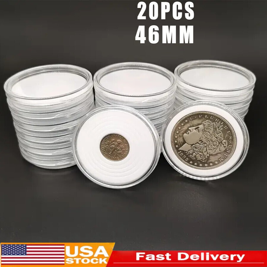 20Pcs 46MM Clear Round Coin Capsule Container Storage Box Holder Case Plastic