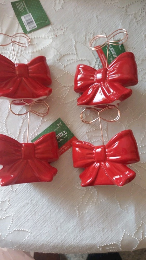 4 Red Ceramic Bow Placecard Holders