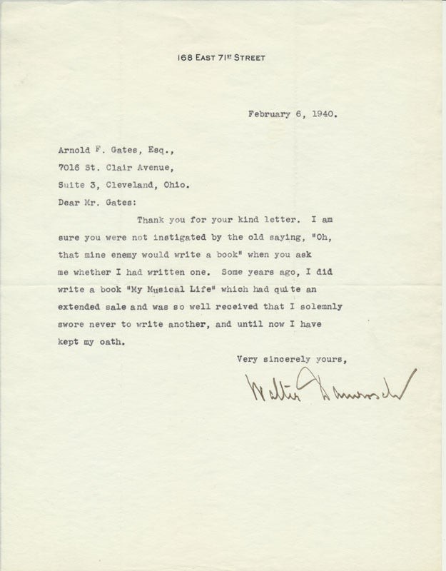 Walter DAMROSCH / Typed Note Signed