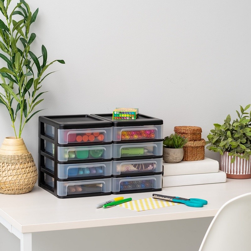 Compact 4 Drawer Desktop Organizer Unit Stackable Mini Storage Set of 2 New