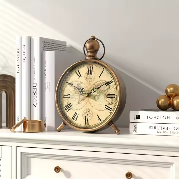 Antique/Map-Style Metal Table Clock with Silent Movement