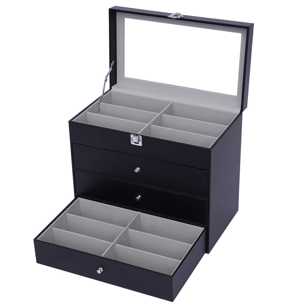 Glasses display box, 24 compartments, with clear skylight, black