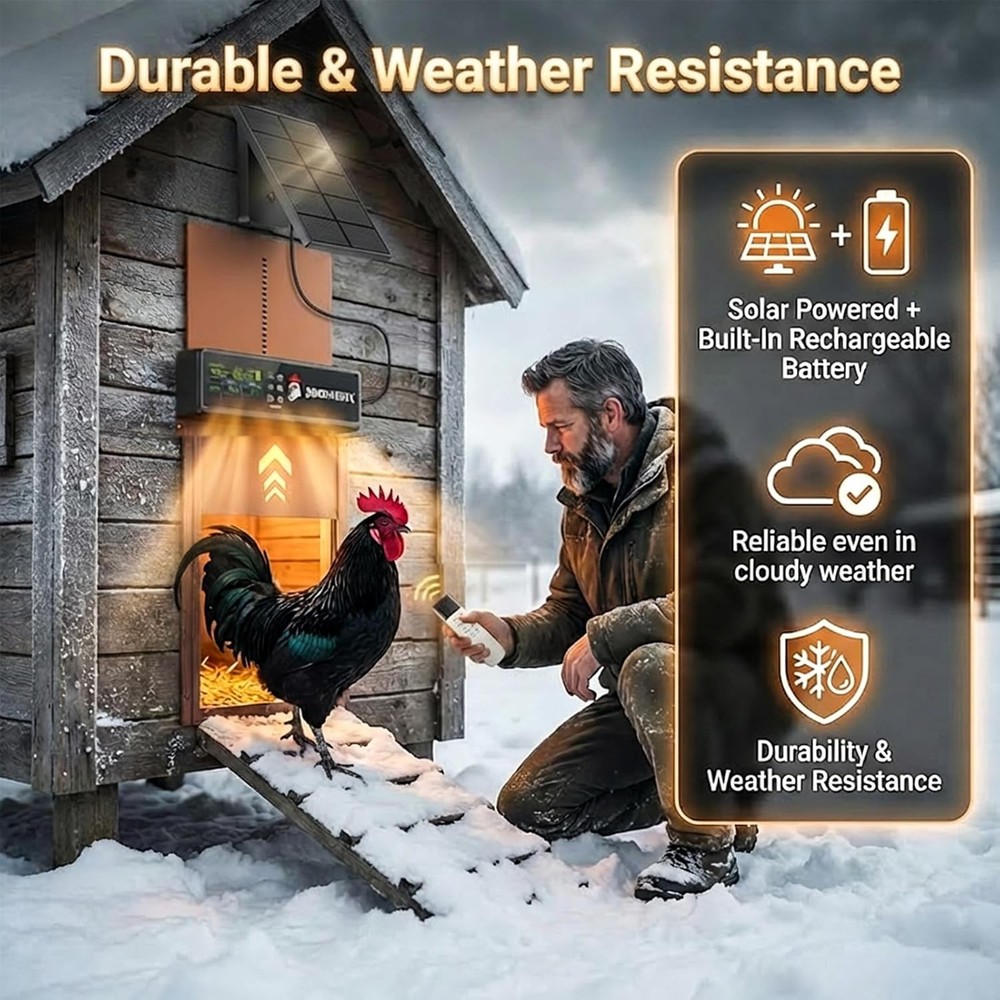 Automatic Chicken Coop Door Solar Powered with HD Screen, Timer & Light Sensor,
