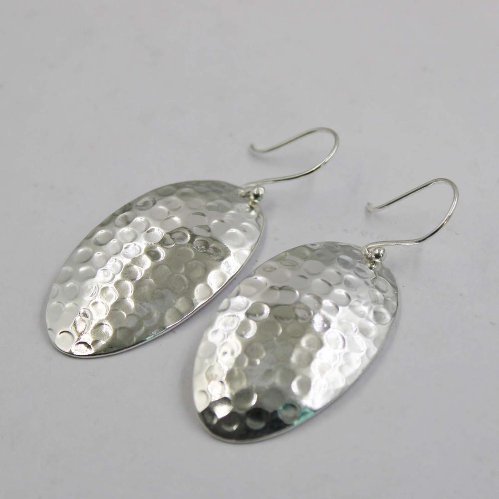 Solid 925 Sterling Silver Hammered Oval Dangle Drop Earrings Textured Handmade