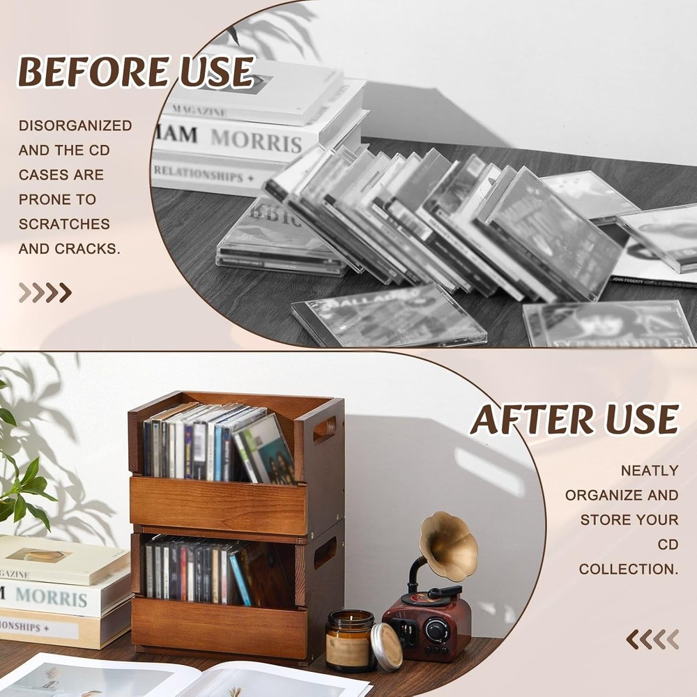 2 Pack Small Wooden CD Storage Box Desktop CD Organizer Small Spaces Holds