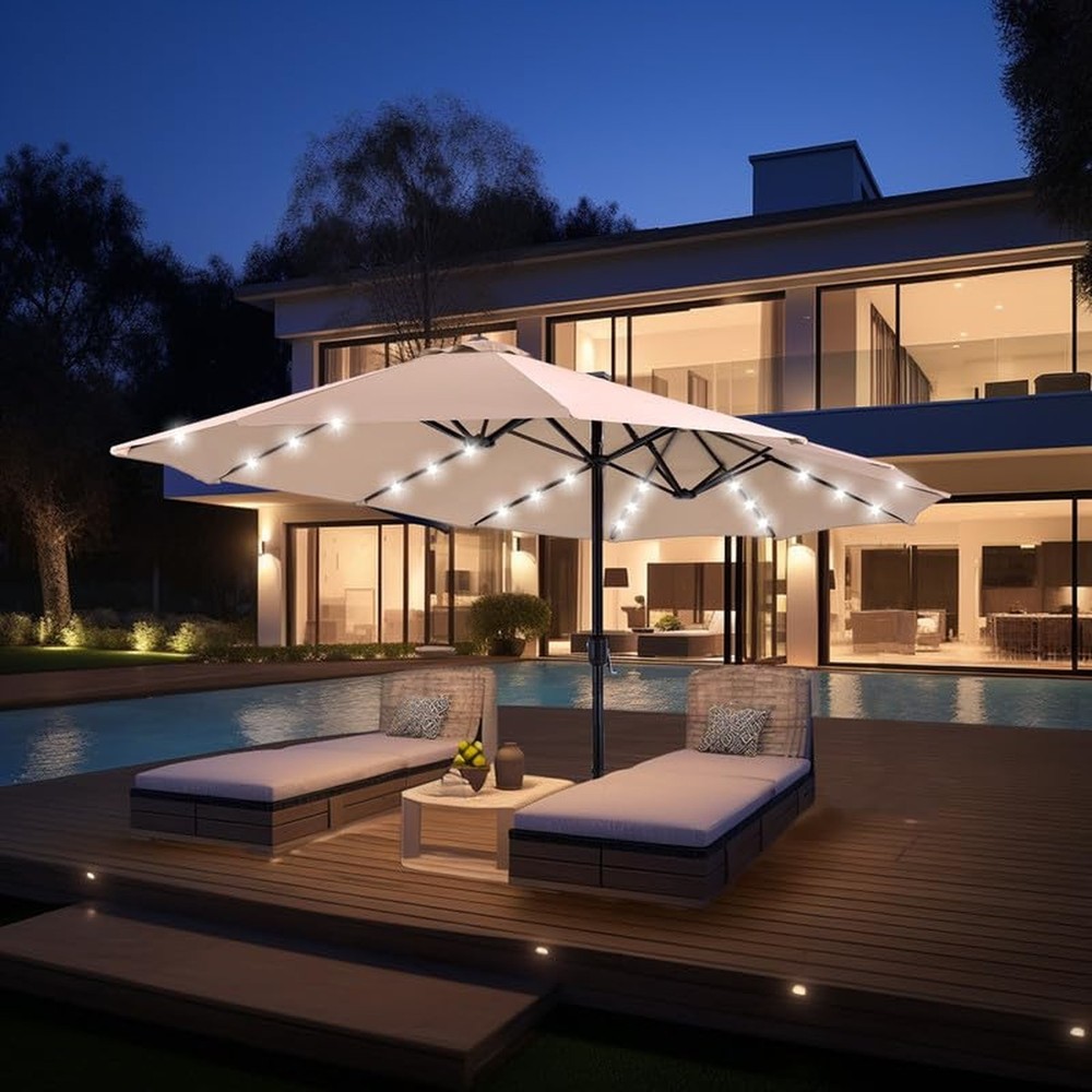 GREEN PARTY 15 ft Rectangle Patio Umbrella with Solar Lights and Base Include...