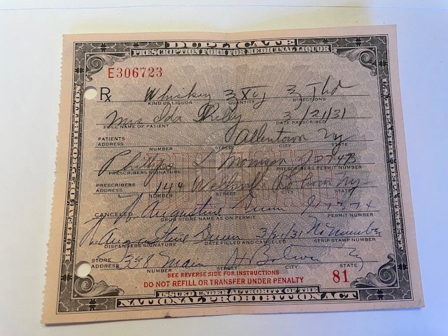 Early 1930's Prohibition Prescription for Medicinal Liquor - Quantity 1