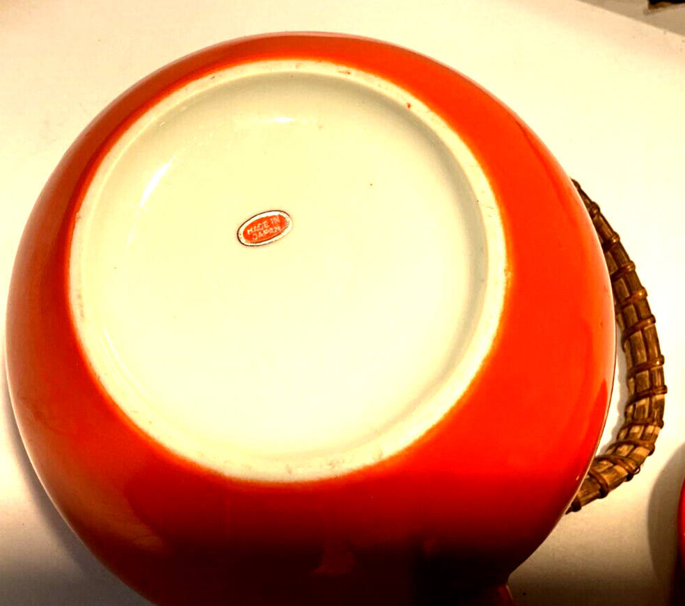 Ratan Handle Ceramic Orange Tea Pot and 6 Cups Made in Japan