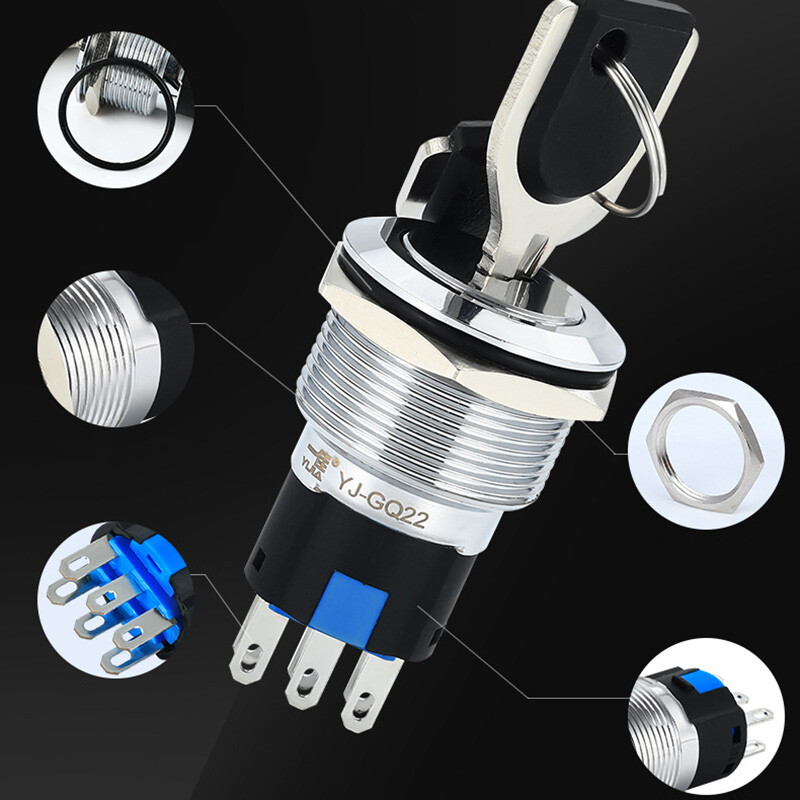 19mm Rotary Key Switch Latching 2/3 Position Selector Security Lock ON/OFF 5A